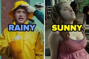 On the left, Niall Horan wearing a rain hat and coat in the Heartbreak Weather music video labeled rainy, and on the right, Anna Kendrick sitting in the sun with her eyes closed as Jessica in Twilight labeled sunny