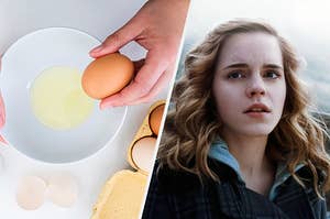 An overhead shot of an egg over a bowl and a close up of Hermione Granger 