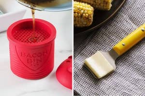 to the left: a container for bacon fat, to the right: a corn buttering tool