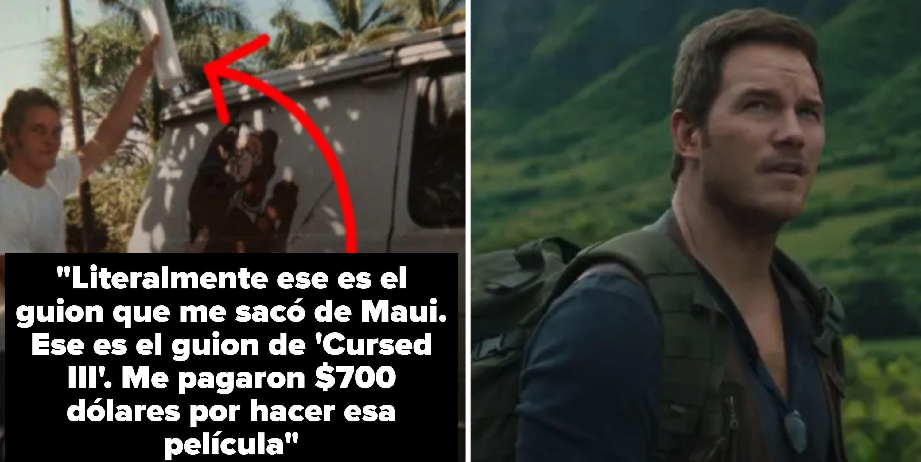 Side-by-side of Chris Pratt with his van and then him in Hawaii shooting &quot;Jurassic World 2&quot;