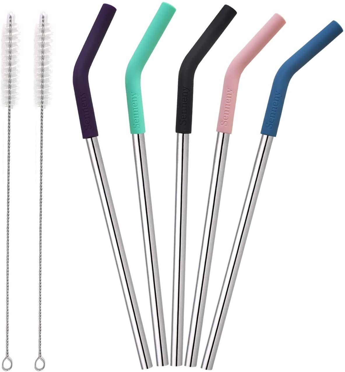 Five stainless steel straws with purple, aqua, black, pink, and blue silicone tops and two cleaning brushes