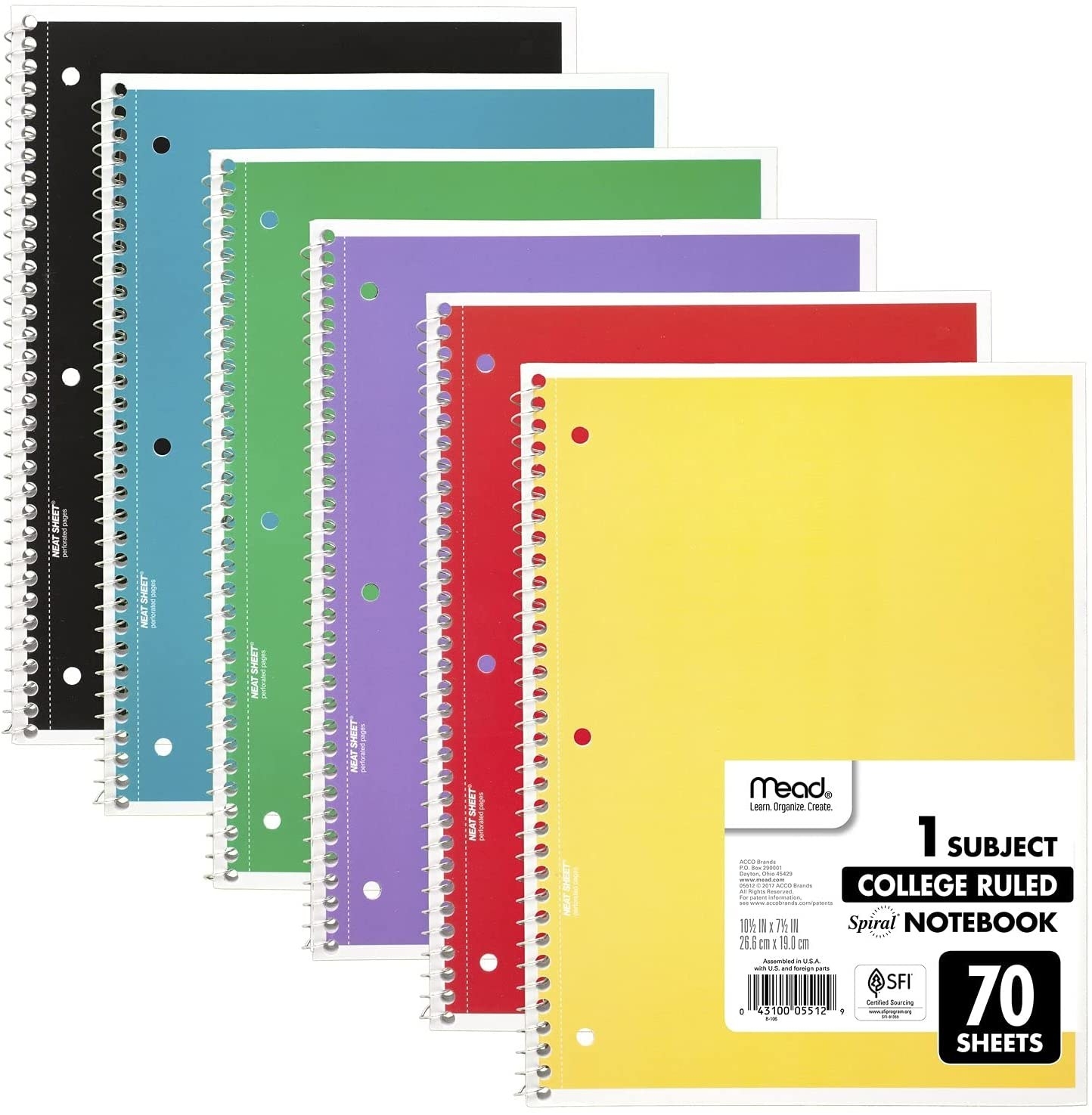 the notebook in black, blue, green, lavender, red, and yellow
