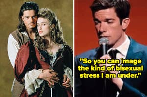Will and Elizabeth from Pirates of the Caribbean and the John Mulaney "So you can image the bisexual stress I am under" meme