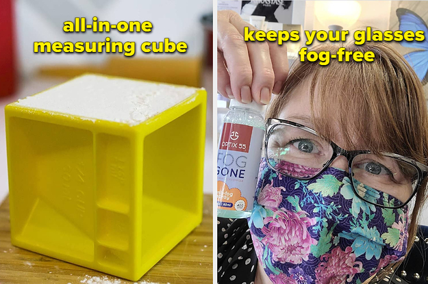 all in one measuring cube on the left and glasses that are fog-free on the right