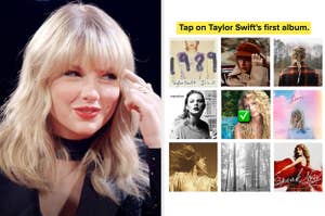 Taylor Swift pointing to her head and a grid of her albums with the text "tap on Taylor Swift's first album."