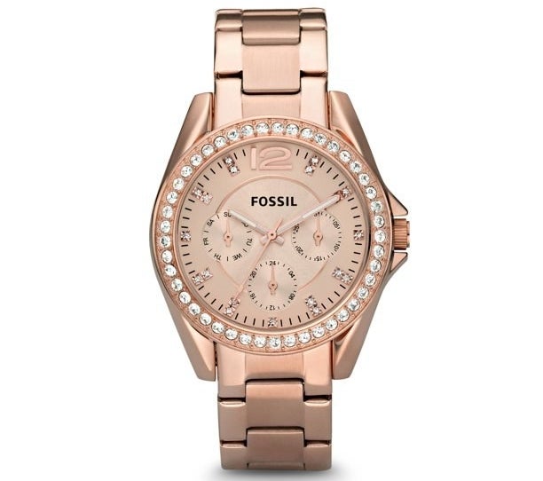 the rose gold watch with crystals around the face