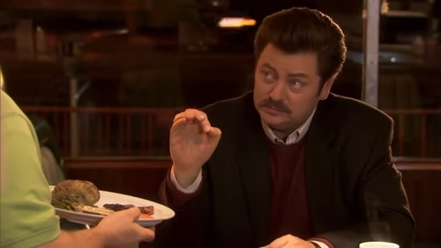 Ron talking to a waiter at a diner in &quot;Parks and Recreation&quot;