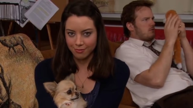 April holding a dog with Andy in &quot;Parks and Recreation&quot;