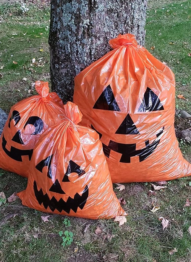 orange bags with jack o lantern faces