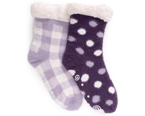 two pairs of patterned purple socks