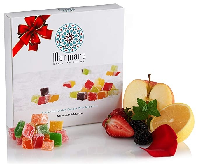 Box of Marmara Turkish Delights with candies and fruits on the outside