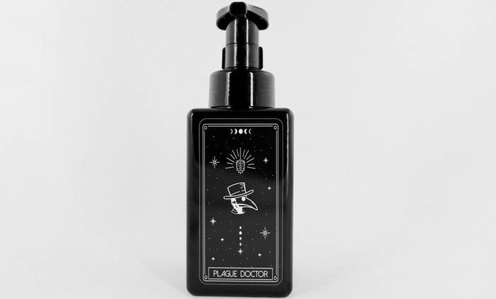 pump bottle with tarot style plague doctor design