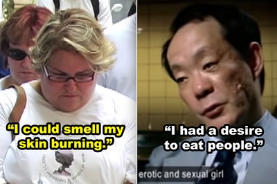 SIde-by-side of Alicia Esteve Head talking about what it was like being in the Twin Towers on 9/11, and cannibal Iseei Sagawa admitting that he liked eating people
