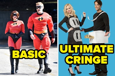 Mr. and Mrs. Incredible costumes labeled "basic" and plug and outlet costumes labeled "ultimate cringe"