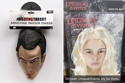 A knockoff Big Bang Theory mask, and a knockoff Stranger Things wig