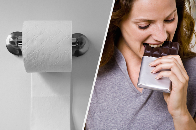 Toilet paper rolled under and someone biting into a segmented chocolate bar