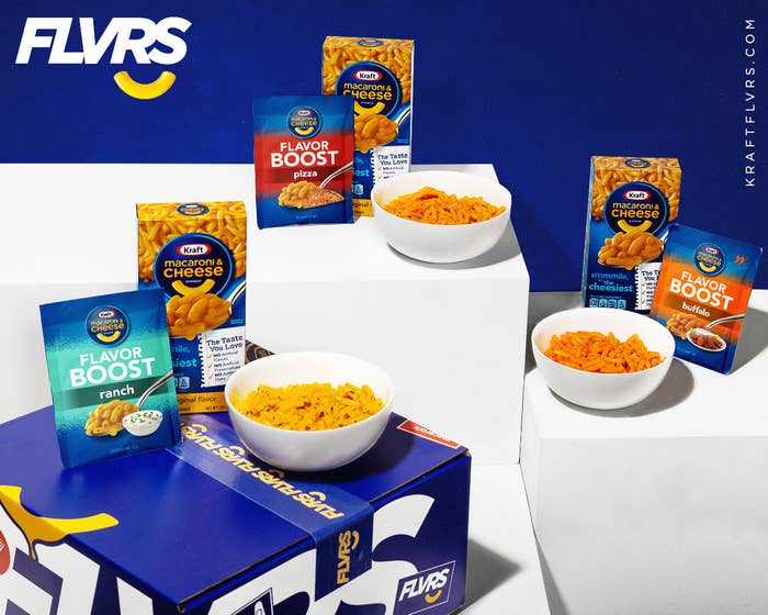 Bowls of mac and cheese with seasoning packets in different flavors