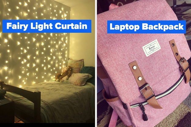 on the left a fairy light curtain, on the right a pink fold-top laptop backpack
