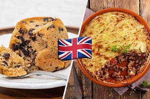 On the left, a spotted dick pudding, and on the right, a shepherd's pie with a Union Jack in the middle