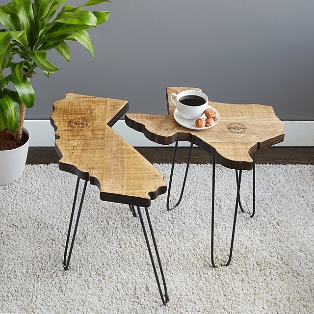 two side tables in the shape of California and Texas