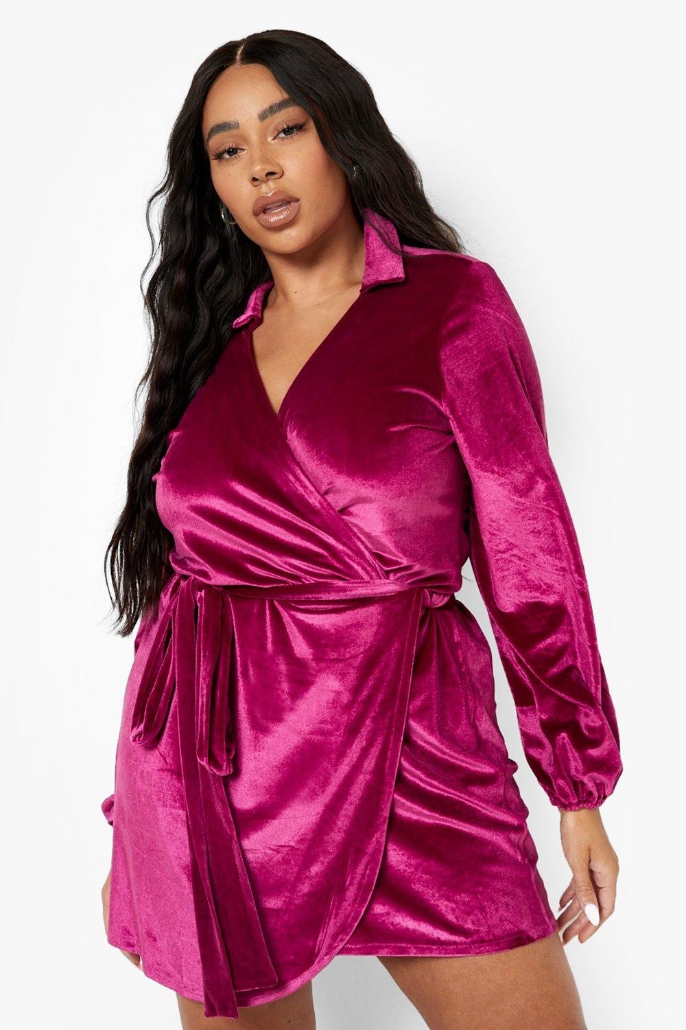 model in berry long sleeve wrap dress