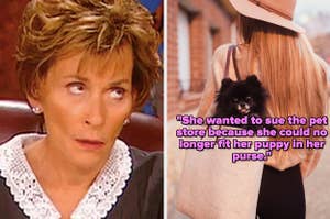 Judge Judy rolling her eyes and a woman carrying a small puppy in her purse