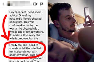 Instagram DM next to a man texting while his wife sleeps