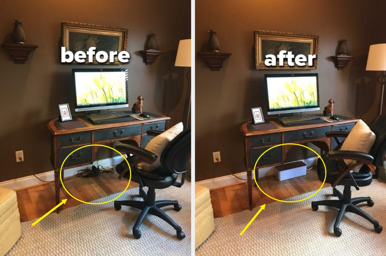 A before and after picture: on the left, a bunch of black cords tangled on the floor under a desk, and on the right, all those cords now nicely disguised in a light brown wood box with white sides.