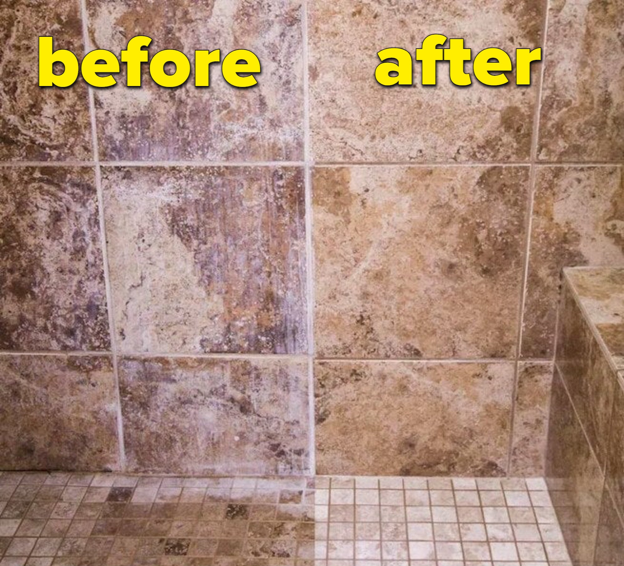 A before (left) and after (right) showing the stains removed from the shower
