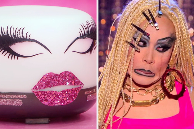 Stills from Drag Race UK showing an Alexa robot with lipstick and eyes and Phi Phi O'Hara looking awkward