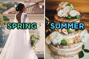 On the left, a bride wearing a gown and holding a bouquet labeled spring, and on the right, a naked wedding cake topped with flowers labeled summer