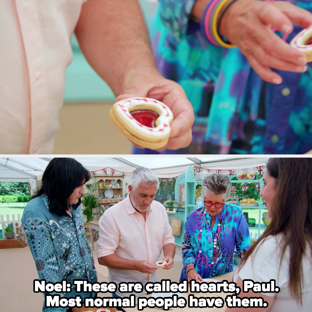 While Paul holds a heart shaped biscuit, Noel explains that most normal people have hearts