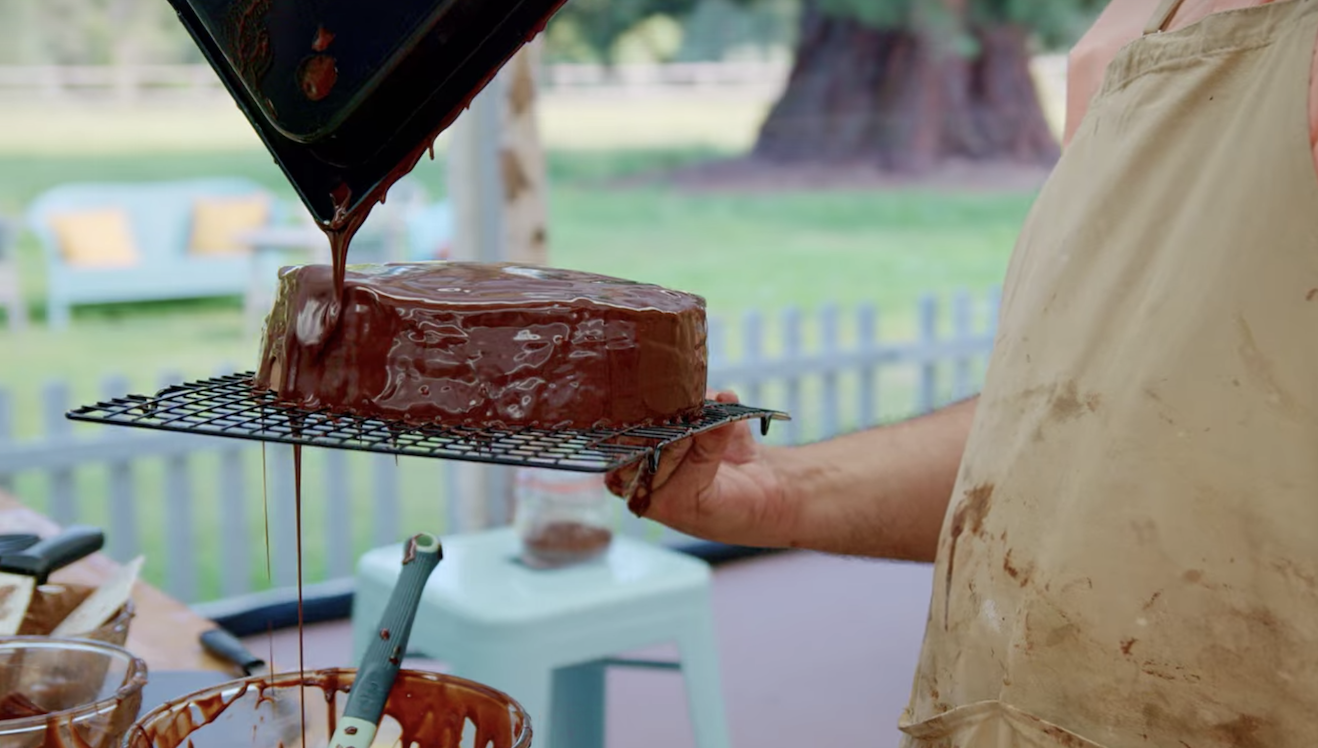 Glaze glopping onto a cake