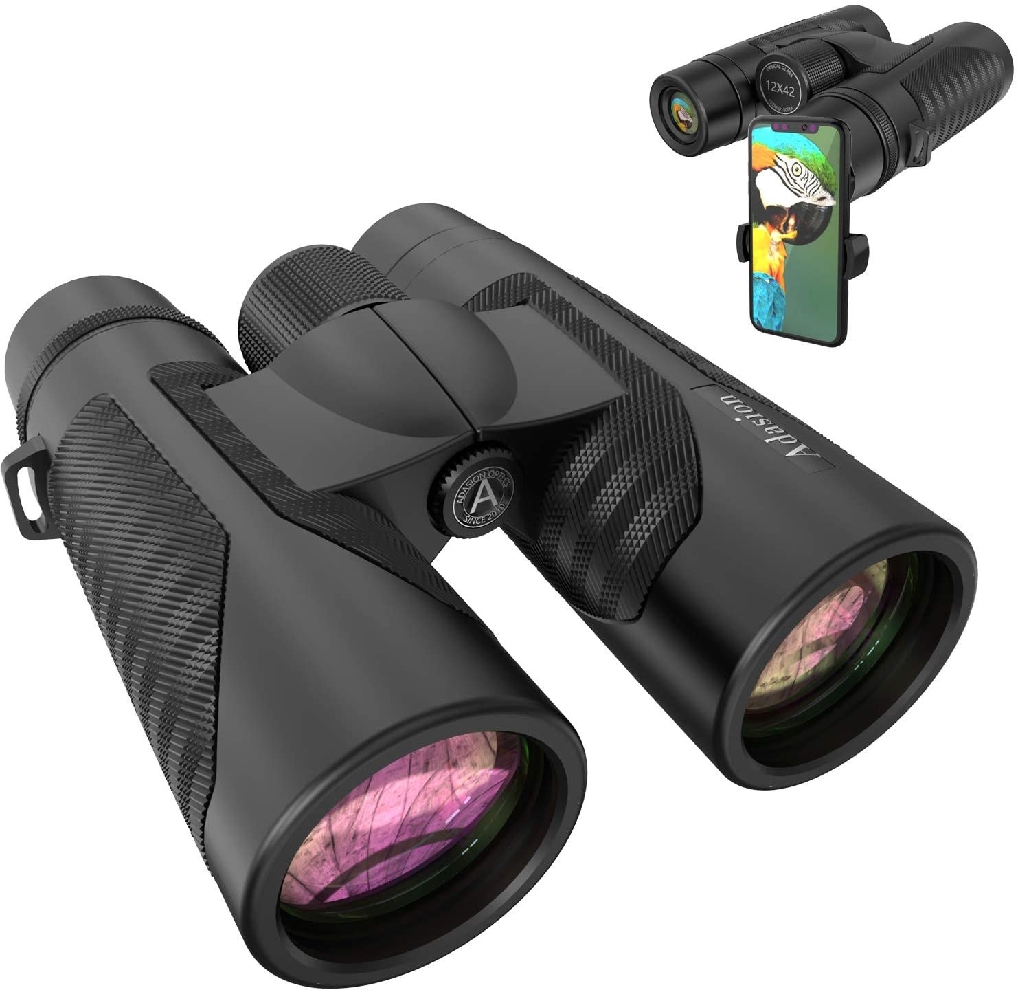 the black binoculars and black phone adapter