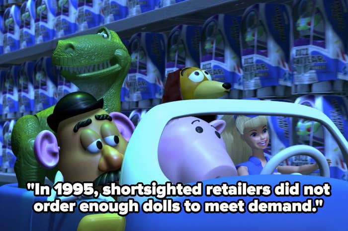 Rex, Slinky, Mr. Potato Head, Ham, and Barbie riding in a car down a Buzz Lightyear aisle