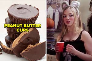 On the left, some peanut butter cups, and on the right, Karen from Mean Girls wearing mouse ears holding a red Solo cup at a Halloween party