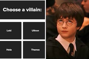 On the left, a screenshot of the question choose a villain, and on the right, young Harry Potter rolling his eyes