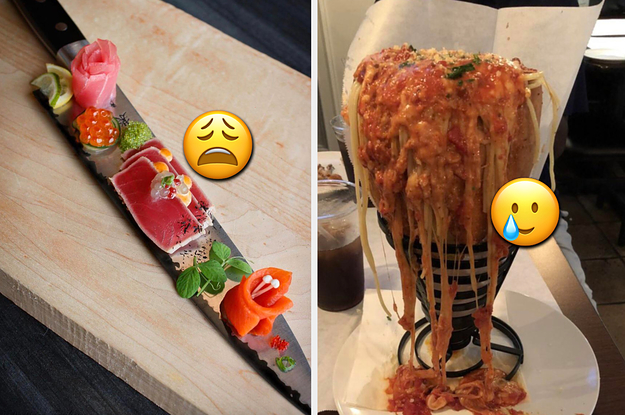 sushi served on a knife, next to spaghetti in a bread cone