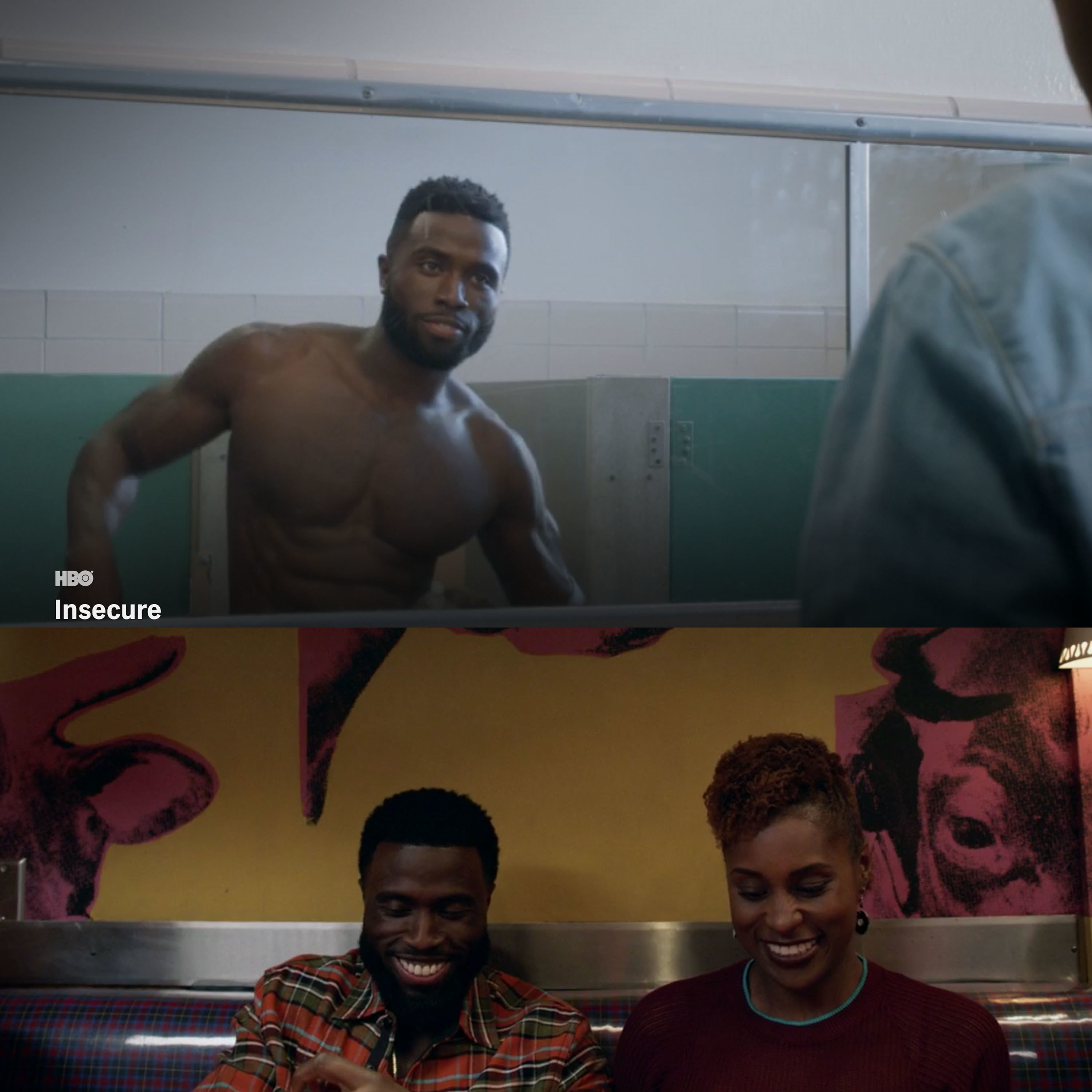 (Top) Y&#x27;lan Noel as Daniel appears shirtless in Issa&#x27;s imagination in &quot;Insecure&quot; (Bottom) Daniel and Issa are all smiles at a late night diner