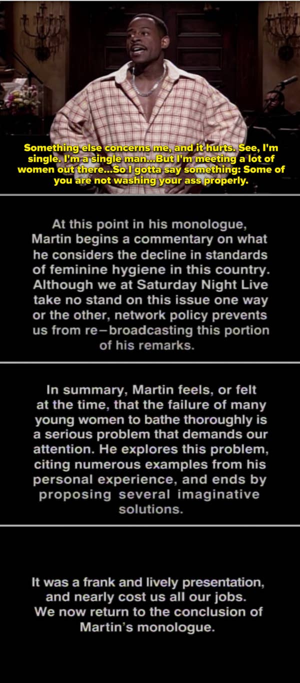 13.unscripted: When Martin Lawrence went off-rail during his 1994 monologue to inappropriately talk about feminine hygiene, which "nearly cost everyone at Saturday Night Live their jobs."