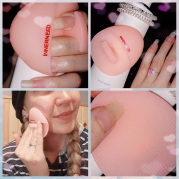 Reviewer photos showing how to hold the cleanser, how to apply the cleanser, and close-ups of the cleanser
