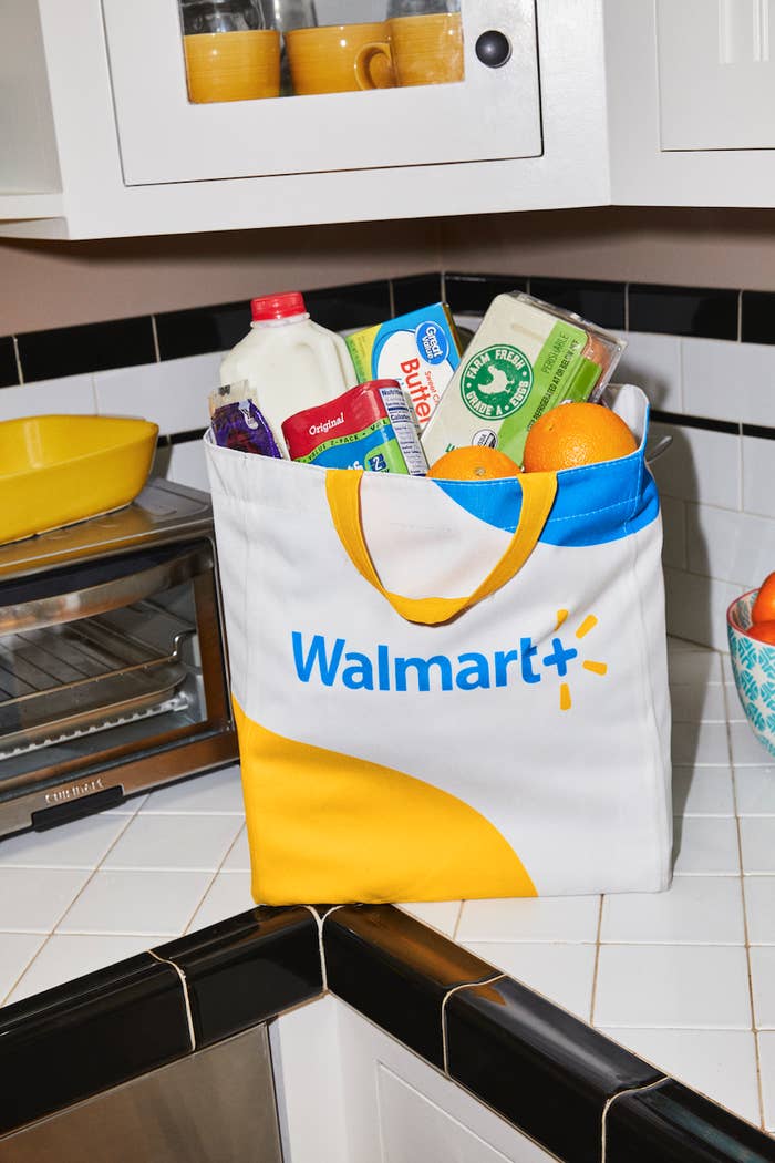 Walmart grocery bag sitting on a kitchen counter