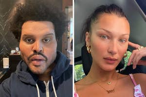 The Weeknd wearing a face full of prosthetics next to a selfie of Bella Hadid