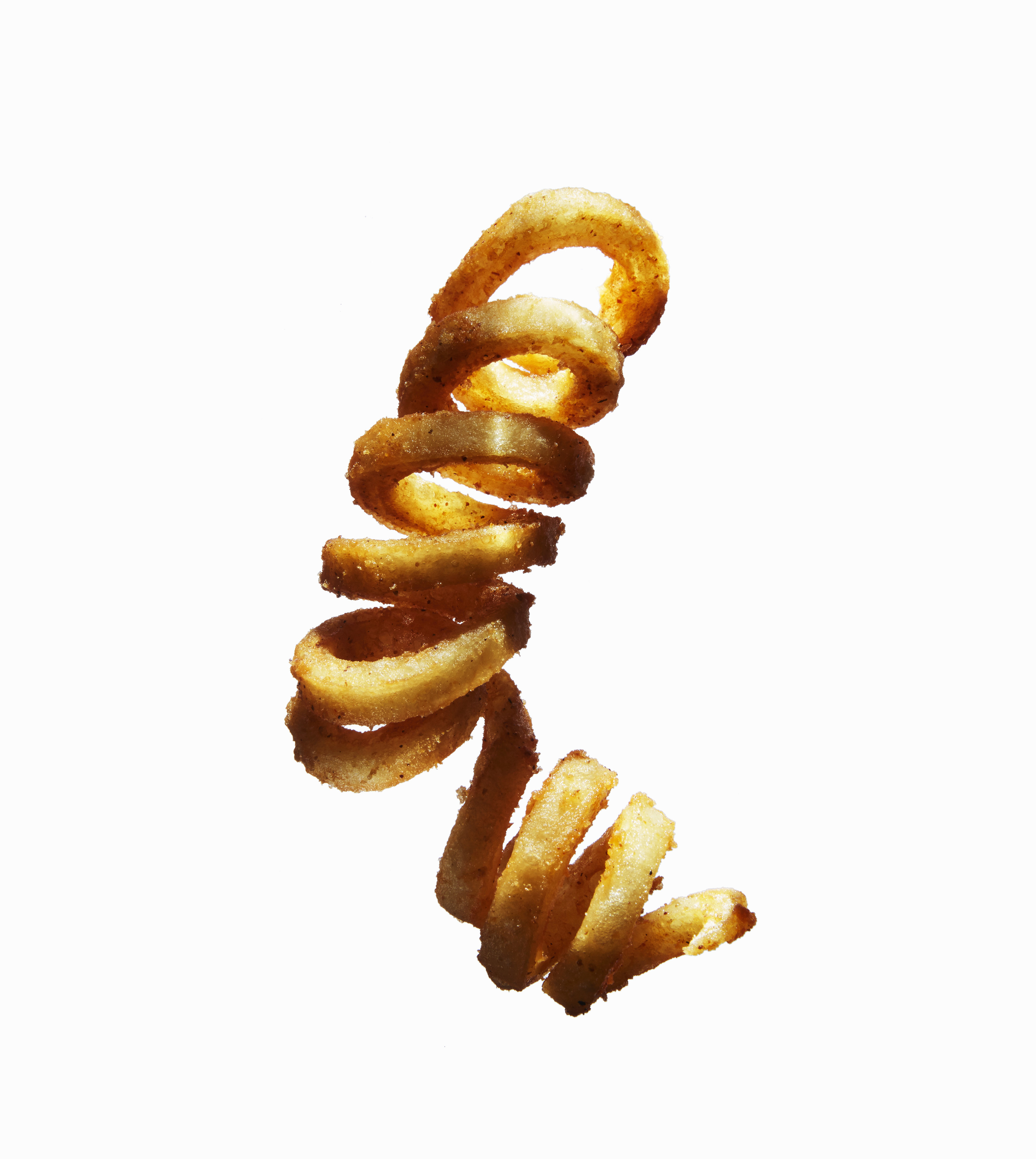 single curly fry on a white background