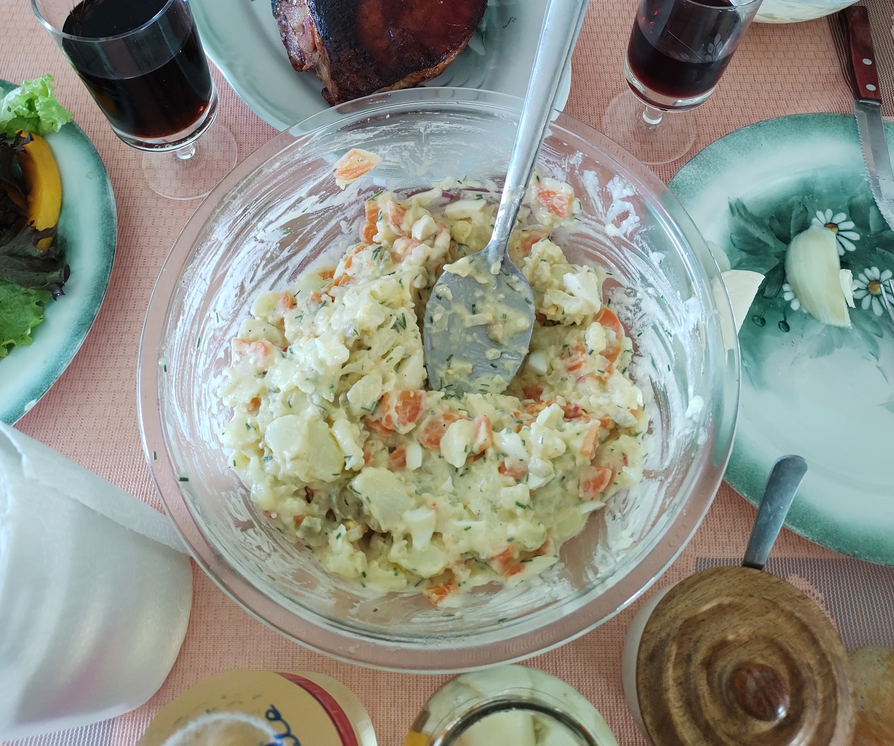 potato salad with mayo in a glass serving bowl