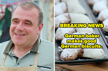 Jurgen and his biscuits, with text: Breaking news, German baker makes good German biscuits