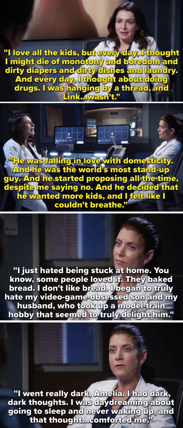 9. And on ABC’s Grey’s Anatomy, Addison and Amelia opened up to each other, bearing their emotions on the table. Amelia admitted that she was extremely close to relapsing, and Addison admitted dealing with depression and how she felt suffocated.