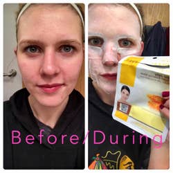 Reviewer photos showing before applying the face mask and while wearing the face mask