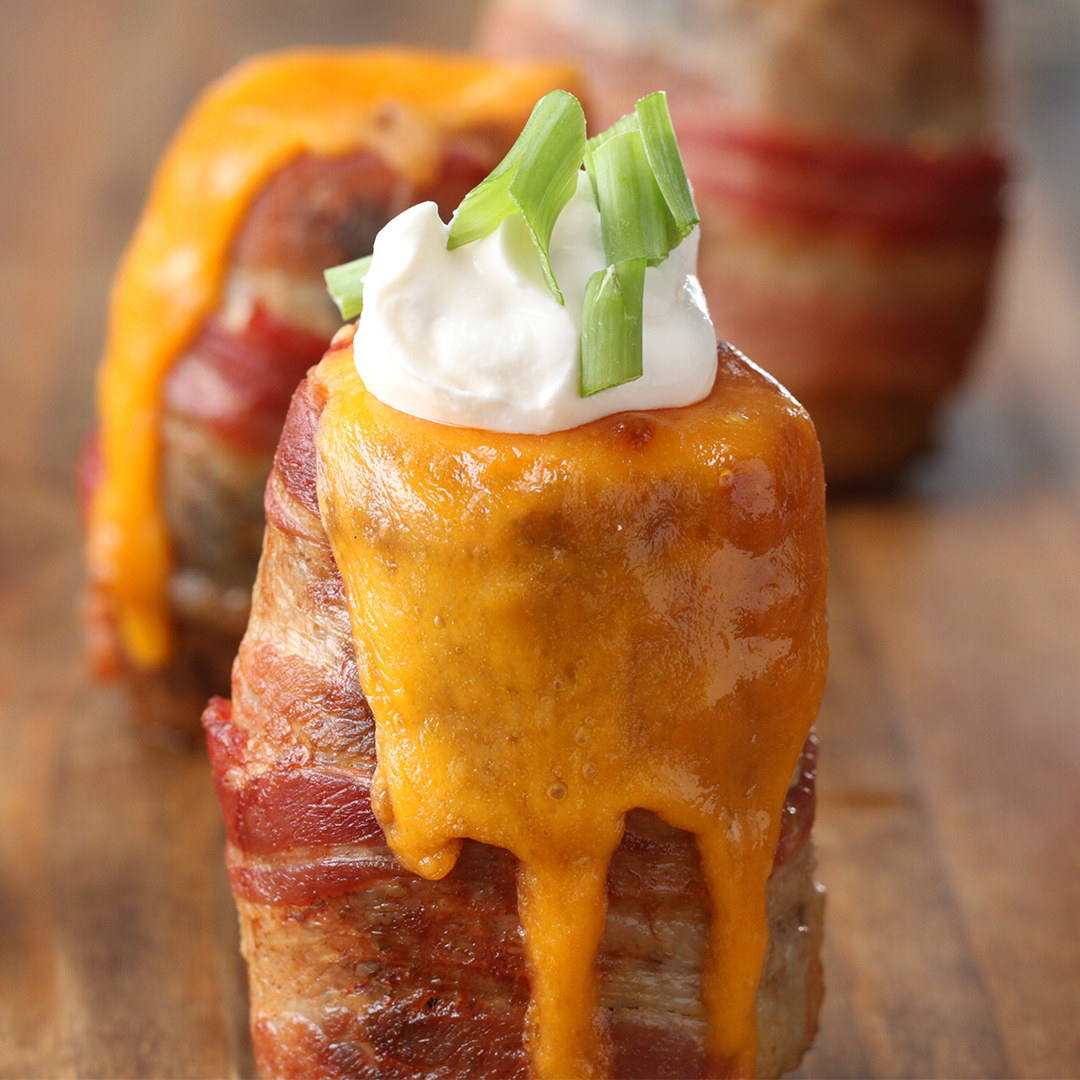 potato wrapped in bacon with melting cheese