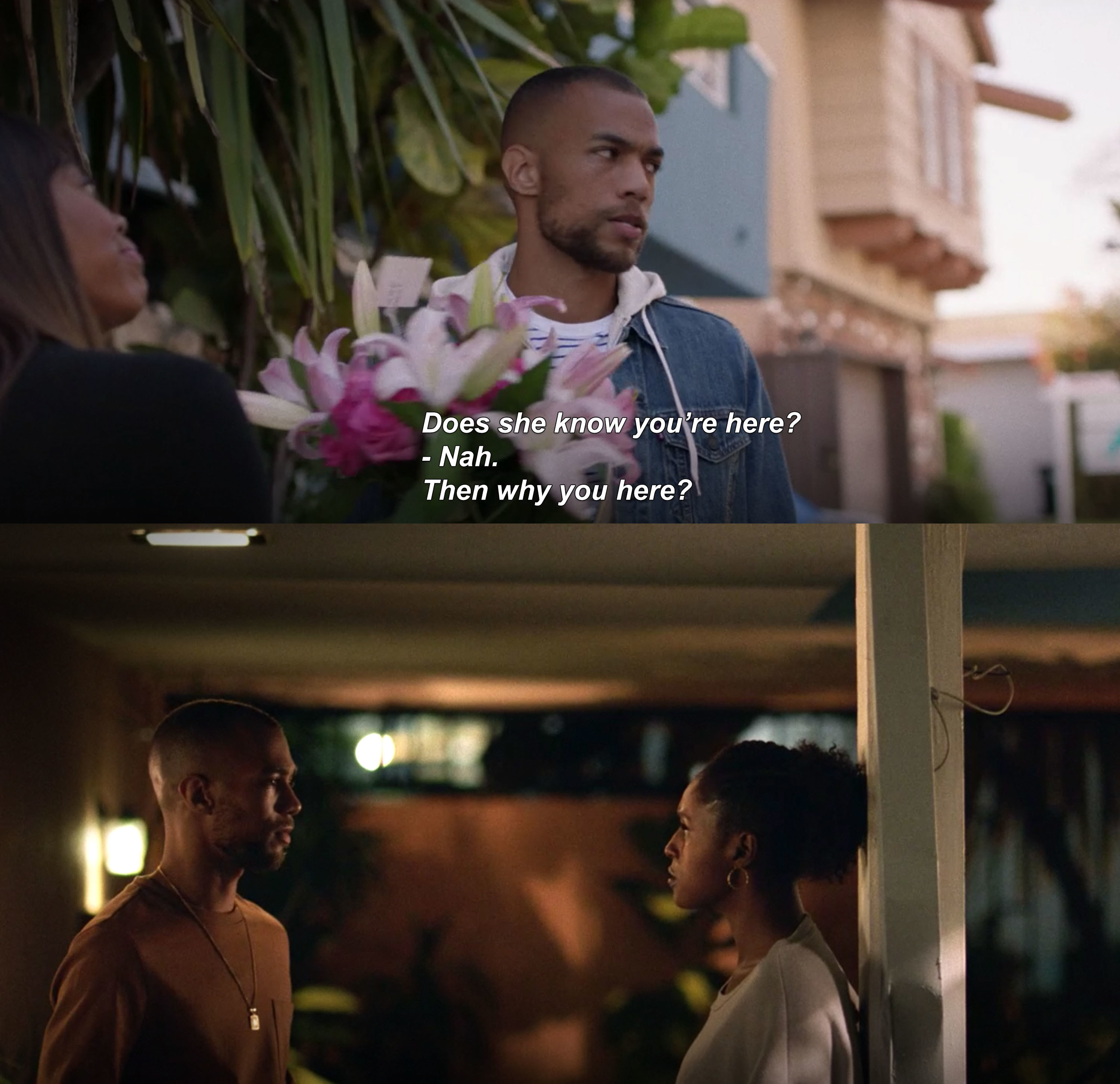 (Top) Kendrick Sampson as Nathan brings flowers for Issa and is intercepted by Molly (Bottom) Nathan returns later that night to meet Issa outside her apartment
